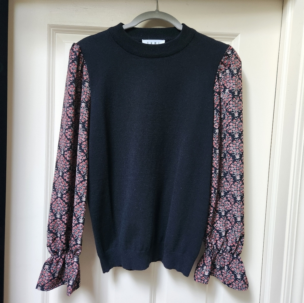 THML Womens Floral Sleeve Black Sweater, Size Small - Picture 2 of 12
